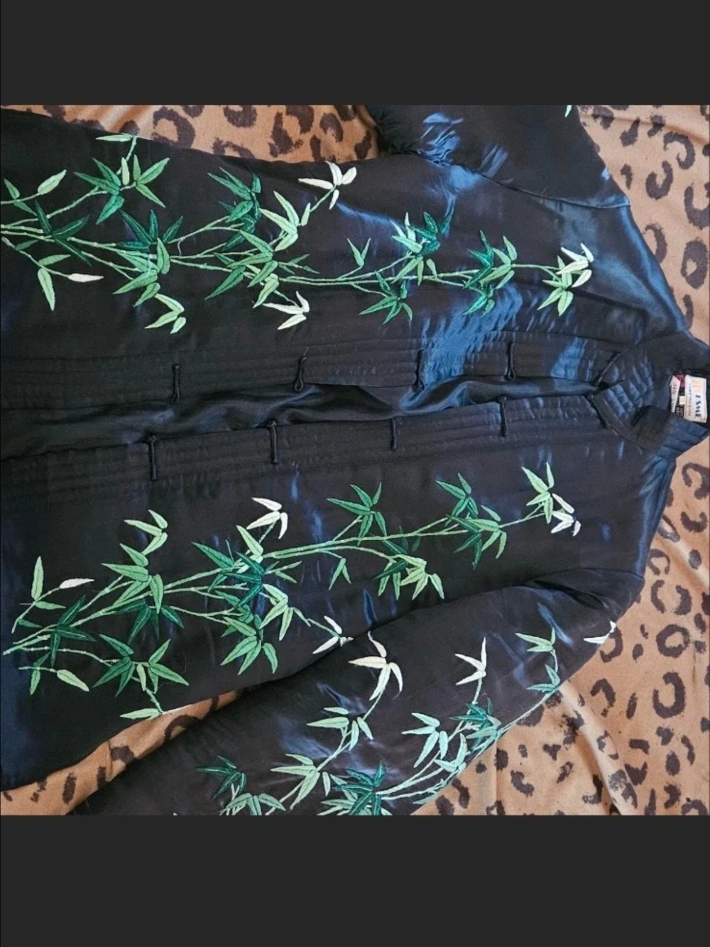 Black Silk Bomber Jacket with Green Bamboo Embroidery - Women